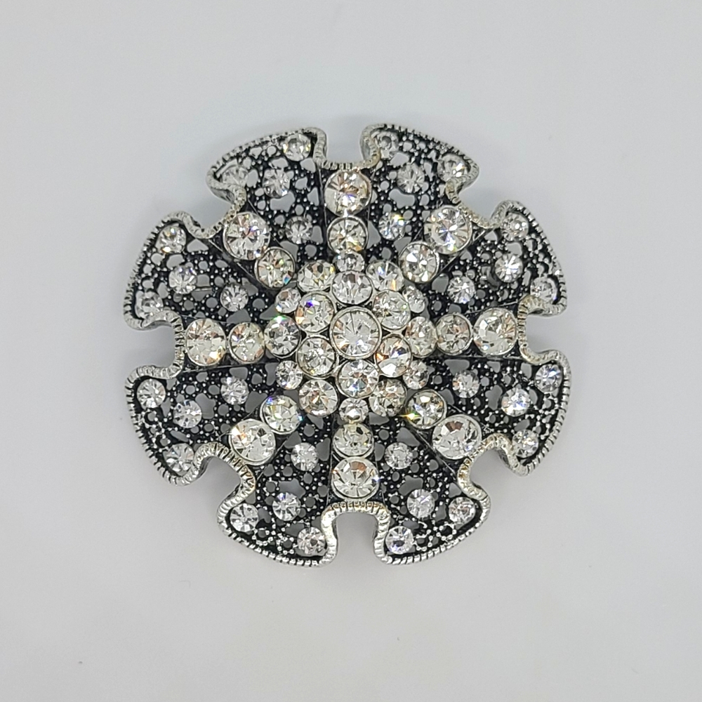 Large Crystal Silver Flower Brooch